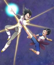 Rule 34 | 10s, 2boys, armor, black eyes, black hair, boots, cabba, dragon ball, dragon ball super, fighting, full body, fuoore (fore0042), gloves, glowing, highres, kicking, kyabe, male focus, multiple boys, open mouth, spiked hair, vambraces, vegeta, white footwear, white gloves