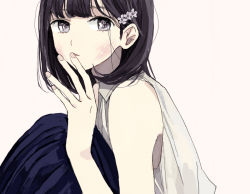 Rule 34 | 1girl, beige background, black hair, blue skirt, finger to mouth, flower, from side, grey eyes, hair flower, hair ornament, hand up, knees up, looking at viewer, original, parted lips, ryuushi, scrape, simple background, sitting, skirt, sleeveless, solo, tareme