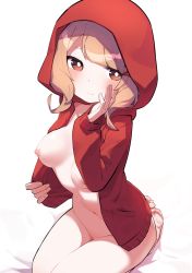 Rule 34 | 1girl, absurdres, barefoot, bed sheet, blunt bangs, blush, breasts, breasts apart, bright pupils, brown eyes, closed mouth, fingernails, goe (g-o-e), hair ornament, hairclip, hand up, highres, hood, hood up, hooded jacket, jacket, light brown hair, light smile, long sleeves, looking at viewer, medium breasts, medium hair, naked jacket, navel, nipples, open clothes, open jacket, pocket, red jacket, seiza, shoujo kageki revue starlight, shoujo kageki revue starlight -re live-, sitting, sleeves past wrists, solo, stomach, tanaka yuyuko, white background, white pupils
