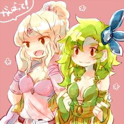 Rule 34 | blonde hair, blush, breasts, cleavage, commentary request, earrings, final fantasy, final fantasy iv, green hair, hair ornament, jewelry, long hair, multiple girls, pink background, ponytail, rosa farrell, rydia (ff4), smile, sunagimo (nagimo)