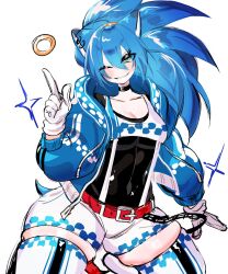 Rule 34 | 1girl, animal ears, belt, black choker, blue jacket, breasts, choker, cleavage, genderswap, genderswap (mtf), gloves, highres, humanization, jacket, large breasts, one eye closed, open clothes, open jacket, personification, red belt, ring (sonic), smile, solo, sonic (series), sonic the hedgehog, thick thighs, thighs, usa37107692, white background, white gloves