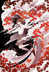Rule 34 | 1girl, autumn, autumn leaves, black background, brown footwear, brown hair, brown skirt, brown socks, closed mouth, cloud, commentary request, closed eyes, full body, highres, leaf, loafers, long sleeves, maple leaf, medium hair, original, pleated skirt, profile, seraphitalg, shirt, shoes, skirt, socks, solo, waves, white shirt
