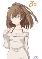 Rule 34 | 1girl, alternate costume, brown hair, collarbone, commentary request, green eyes, hair ornament, highres, kantai collection, kumano (kancolle), long hair, looking at viewer, off-shoulder sweater, off shoulder, ponytail, simple background, solo, sweater, t2r, upper body, white background