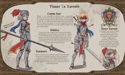 Rule 34 | 1girl, armor, arrow (projectile), basedbinkie, bleeding from forehead, blonde hair, blood, blood from mouth, blue hair, character name, character profile, colored inner hair, flayne (basedbinkie), from side, full body, half-closed eyes, highres, holding, holding polearm, holding sword, holding weapon, injury, looking at viewer, monty python, monty python and the holy grail, multicolored hair, multiple views, nosebleed, open mouth, original, parted lips, plate armor, polearm, scarf, short hair, smile, standing, sword, teeth, torn clothes, upper teeth only, weapon