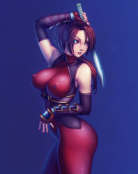 Rule 34 | 1girl, ass, bodysuit, breasts, bridal gauntlets, brown hair, covered erect nipples, elbow gloves, fingerless gloves, fishnets, gloves, gradient background, namco, nikichen, parted lips, ponytail, skin tight, solo, soul calibur, spandex, taki (soulcalibur)