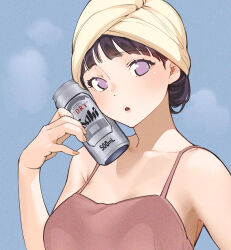 Rule 34 | 1girl, alcohol, beer can, black hair, boruto: naruto next generations, c-eye, camisole, can, drink can, drying, drying hair, holding, holding can, hyuuga hinata, looking at viewer, naruto (series), no pupils, pink camisole, purple eyes, solo, steam, towel, towel on head