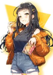 Rule 34 | 1girl, black hair, black shirt, blunt bangs, blush, chain, chain earrings, coat, cream puff, denim, denim shorts, earrings, eating, food, food on face, hair ornament, hairclip, highres, holding, holding food, jewelry, long hair, number hair ornament, orange coat, original, ring, shinishi chiho, shirt, shorts, signature, simple background, sleeveless, standing, tongue, tongue out, torn clothes, torn shorts, yellow eyes, zipper