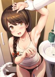 Rule 34 | 1boy, 1girl, arm up, armpits, bathroom, black panties, blush, bow, braid, breasts, brown eyes, camisole, cleavage, clothes writing, collarbone, commentary request, cowboy shot, door, faucet, gloves, groin, hair bow, hair over shoulder, heart, highres, holding another&#039;s wrist, ichikawa feesu, indoors, kantai collection, long hair, long sleeves, looking at viewer, medium breasts, midriff peek, multicolored eyes, nail polish, navel, open mouth, panties, pink nails, pov, red bow, revision, shaving cream, single braid, sink, sleeveless, soap bubbles, solo focus, spaghetti strap, standing, swept bangs, tareme, tearing up, tears, thigh gap, underwear, underwear only, uranami (kancolle), water, white gloves, yellow eyes
