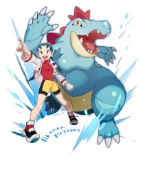 Rule 34 | 1girl, :d, bike shorts, blue eyes, claws, clenched hand, commentary request, copyright name, creatures (company), cropped jacket, eyelashes, feraligatr, game freak, gen 2 pokemon, green hair, hat, highres, jacket, kris (pokemon), legs apart, nintendo, open mouth, pointing, pokemon, pokemon (creature), pokemon gsc, pokemon masters ex, red shirt, shirt, shoes, smile, teeth, tetsu (teppei), tongue, twintails, upper teeth only, white background, white jacket, yellow headwear