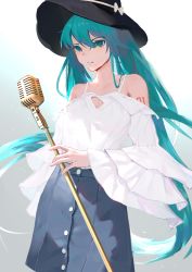 Rule 34 | 1girl, aqua eyes, aqua hair, arm tattoo, bad id, bad pixiv id, bare shoulders, black hat, blue skirt, blush, bow, c-ongc, cleavage cutout, clothing cutout, collarbone, cowboy shot, grey background, hair between eyes, hair over shoulder, hat, hat bow, hatsune miku, holding, holding microphone stand, layered sleeves, long hair, long sleeves, microphone, microphone stand, parted lips, shade, shirt, skirt, solo, standing, strap, sun hat, tattoo, twintails, very long hair, vocaloid, white bow, white shirt, wide sleeves