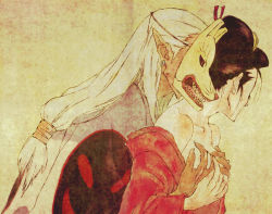Rule 34 | 00s, 1boy, 1girl, grabbing another&#039;s breast, breasts, brown hair, dark skin, fox mask, from side, grabbing, grabbing from behind, hetero, japanese clothes, kimono, mask, mononoke, non-web source, ochou, profile, small breasts, upper body