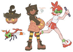Rule 34 | 2boys, absurdres, ahoge, boots, brown footwear, brown hair, brown overalls, brown sweater, closed mouth, commentary, creatures (company), english commentary, english text, fangs, fangs out, food, full body, game freak, gen 2 pokemon, gen 6 pokemon, goggles, green-tinted eyewear, highres, holding, holding food, holding pumpkin, holding vegetable, humanization, jack-o&#039;-lantern, long sleeves, looking at viewer, magicact, multiple boys, nintendo, overalls, pokemon, pokemon (creature), ponytail, pumpkaboo, pumpkin, red hair, red shorts, reference inset, shirt, shoes, short hair, short sleeves, shorts, simple background, smile, sneakers, standing, striped, sweater, tinted eyewear, vegetable, white background, white shirt, yanma, yellow eyes
