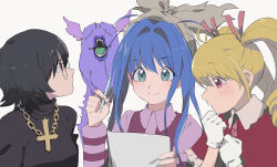 Rule 34 | 3girls, absurdres, biscuit krueger, black hair, blonde hair, blue hair, chain necklace, closed mouth, cross, cross necklace, glasses, gloves, highres, holding, holding pen, hunter x hunter, jewelry, kojirou (kojirou sousaku), long hair, monster, multiple girls, necklace, neon nostrade, open mouth, pen, shizuku murasaki, simple background, smile, twintails, upper body, white gloves