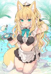 Rule 34 | 1girl, :d, ahoge, animal ear fluff, animal ears, barefoot, beach, bikini, blonde hair, blush, breasts, cleavage, commentary request, cuffs, cup, food, frills, fuwafuwa-chan (kamiyoshi rika), green eyes, highleg, highleg panties, highres, holding, holding cup, ice cream, kamiyoshi rika, large breasts, long hair, looking at viewer, maid, maid bikini, ocean, open mouth, original, palm leaf, panties, partially submerged, skirt, smile, solo, swimsuit, tail, thigh gap, thighs, thong bikini, tropical, tropical drink, unconventional maid, underwear, very long hair, water, wet