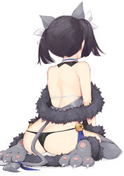 Rule 34 | 1girl, animal ears, animal hands, ass, bare back, bell, black hair, black panties, butt crack, cat ears, cat tail, facing away, fake animal ears, fake tail, fate/kaleid liner prisma illya, fate (series), from behind, fur collar, fur trim, jingle bell, miyu edelfelt, nanananana, panties, simple background, sitting, solo, tail, twintails, underwear, wariza, white background