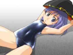 Rule 34 | 1girl, :o, armpits, arms up, bowl, bowl hat, covered navel, flat chest, hat, looking at viewer, mini person, minigirl, one-piece swimsuit, purple eyes, purple hair, school swimsuit, shiny clothes, solo, sukuna shinmyoumaru, swimsuit, touhou, winn