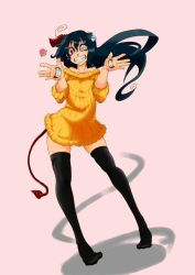 Rule 34 | blue hair, dress, red eyes, smile, tail, thighhighs, yellow theme