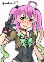 Rule 34 | 1girl, ahoge, black choker, black gloves, bow, choker, fang, gloves, gradient hair, green bow, green hair, grey sailor collar, highres, kantai collection, long hair, looking at viewer, maakun (makun dx), momo (kancolle), multicolored hair, one-hour drawing challenge, pink hair, red eyes, sailor collar, sailor shirt, school uniform, serafuku, shirt, simple background, solo, twintails, twitter username, upper body, white background, zipper pull tab