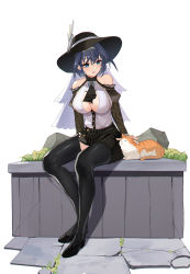 Rule 34 | 1girl, absurdres, bare shoulders, between breasts, black footwear, black thighhighs, blue eyes, blue hair, breasts, cat, center opening, cleavage, commentary, earrings, english commentary, full body, gold trim, hair between eyes, hair ornament, hat, high heels, highres, hololive, hololive english, jewelry, josal, large breasts, long sleeves, open mouth, ouro kronii, pantyhose, petting, short hair, sidelocks, simple background, sitting, skirt, solo, striped clothes, striped skirt, tabby cat, thighhighs, tongue, veil, vertical-striped clothes, vertical-striped skirt, virtual youtuber, white background