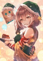 Rule 34 | 1girl, ahoge, beard, berry, black gloves, blurry, blush, bokeh, brown eyes, brown hair, cake, chocolate cake, christmas, christmas wreath, depth of field, dress, earrings, elf hat, embroidered dress, facial hair, food, food on face, fork, friend (nanashi mumei), fur-trimmed dress, fur trim, gloves, green headwear, green santa costume, hat, highres, hololive, hololive english, jewelry, looking at viewer, multicolored hair, nanashi mumei, plate, red ribbon, ribbon, santa costume, santa hat, sash, short hair, single earring, sleeveless, sleeveless dress, smile, sparkle, star (symbol), streaked hair, utensil in mouth, virtual youtuber, weizen, wreath, yellow sash