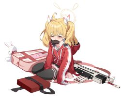 Rule 34 | 1girl, absurdres, assault rifle, battle rifle, black thighhighs, blonde hair, blue archive, blush, box, brown eyes, candy, chocolate, chocolate heart, fn scar, food, food in mouth, gun, hair ribbon, halo, heart, highres, hood, hood down, hooded jacket, jacket, long hair, long sleeves, looking at viewer, on floor, one eye closed, pink bag, pink skirt, plaid, plaid skirt, red jacket, ribbon, rifle, simple background, skirt, sleeves past wrists, solo, stuffed animal, stuffed toy, thighhighs, toombo12, track jacket, twintails, weapon, white background, yoshimi (blue archive)