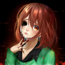 Rule 34 | absurdres, androgynous, blood, blood on hands, brown eyes, brown hair, chara (undertale), collared shirt, gender request, glitch, gradient background, guro, highres, jewelry, kiramitan, lips, liquid, missing eye, necklace, shirt, signature, solo, spoilers, sweater, undertale