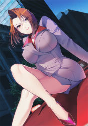 Rule 34 | 1girl, absurdres, arm support, breasts, brown hair, business suit, claudia mccunnen, formal, from below, high heels, highres, jewelry, large breasts, legs, crossed legs, looking at viewer, naughty face, necklace, no socks, phantom of inferno, short hair, skirt, smile, solo, suit, thighs, yanoguchi kimi, yellow eyes