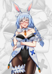 Rule 34 | 1girl, animal ear fluff, animal ears, bare shoulders, black leotard, blue hair, blush, bow, braid, breasts, bridal garter, brown pantyhose, carrot, cleavage, covered navel, detached collar, glasses, hair bow, hair ornament, highres, hololive, large breasts, leotard, lips, long hair, looking at viewer, mature female, necktie, open mouth, orange necktie, pantyhose, pekomama, persocon93, rabbit ears, rabbit girl, red-framed eyewear, ribbon trim, short necktie, smile, solo, standing, teeth, thick eyebrows, upper teeth only, virtual youtuber, white bow, white hair, zoom layer