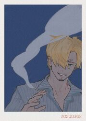Rule 34 | 1boy, blonde hair, blue border, blue eyes, blue shirt, border, cigarette, colored skin, curly hair, dated, errrrrliao ge ai, goat, hair over one eye, highres, holding, holding cigarette, looking at viewer, male focus, one piece, parted lips, patterned clothing, sanji (one piece), shirt, simple background, smile, smoke, solo, white background, white skin