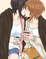 Rule 34 | 2girls, blue shorts, brown hair, cardigan, casual, closed eyes, commentary, cup, dog, dress, facing another, girls und panzer, heart, heart print, holding, holding cup, incest, kiss, long sleeves, mug, multiple girls, mutsu (layergreen), nishizumi maho, nishizumi miho, open cardigan, open clothes, parted lips, shared blanket, shiba inu, shirt, short hair, shorts, siblings, side-by-side, sisters, sitting, smile, white cardigan, white dress, white shirt, yuri