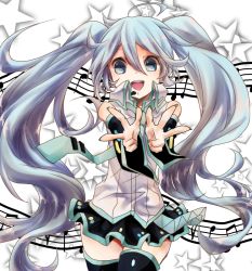 Rule 34 | 1girl, :d, ahoge, bad id, bad pixiv id, blue eyes, blue hair, detached sleeves, hatsune miku, headset, long hair, matching hair/eyes, miki bokaro, musical note, necktie, open mouth, pointing, skirt, smile, solo, star (symbol), start, thighhighs, twintails, very long hair, vocaloid