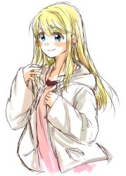 Rule 34 | 1girl, blonde hair, blue eyes, blush, earrings, fullmetal alchemist, happy, jacket, jewelry, long hair, looking away, pink shirt, shirt, simple background, smile, solo, solo focus, tsukuda0310, white background, white jacket, winry rockbell