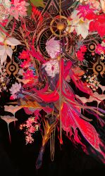 Rule 34 | 1boy, absurdres, black bodysuit, bodysuit, chest jewel, choker, closed eyes, earrings, egawa akira, eyeshadow, fate/grand order, fate (series), floral background, floral print, full body, gold, highres, holding, holding polearm, holding weapon, indian clothes, jewelry, karna (fate), makeup, male focus, pale skin, polearm, red eyeshadow, sheath, sheathed, short hair, solo, spiked choker, spikes, straight-on, sword, vasavi shakti (fate), weapon, white hair