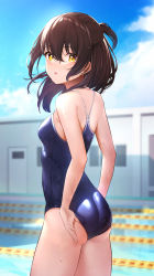 Rule 34 | 1girl, absurdres, ass, bad id, bad twitter id, bare arms, blue one-piece swimsuit, blue sky, blurry, blush, breasts, brown hair, building, cloud, cloudy sky, commentary request, competition school swimsuit, cowboy shot, depth of field, from side, hair between eyes, half updo, highres, looking at viewer, medium hair, one-piece swimsuit, original, parted lips, pool, school swimsuit, short ponytail, sidelocks, skindentation, sky, small breasts, solo, swimsuit, thighs, two side up, vegetablenabe, water, wet, yellow eyes