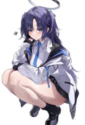 Rule 34 | 1girl, black skirt, blue archive, blue eyes, blue necktie, blush, breasts, closed mouth, halo, highres, jacket, jacket partially removed, long hair, long sleeves, looking at viewer, mechanical halo, medium breasts, necktie, purple eyes, purple hair, shirt, simple background, skirt, solo, squatting, thighs, tol10131, triangle hair ornament, two-sided fabric, two-sided jacket, white background, yuuka (blue archive)