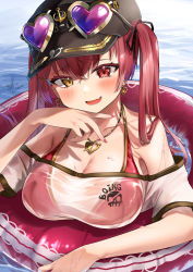 Rule 34 | 1girl, bikini, black hat, breasts, collarbone, earrings, eyewear on headwear, fang, fingernails, hat, heart, heart-shaped eyewear, heart earrings, heart necklace, heterochromia, highres, hololive, houshou marine, houshou marine (summer), jewelry, kito koruta, large breasts, long hair, looking at viewer, nail polish, necklace, open mouth, red bikini, red eyes, red nails, skin fang, smile, solo, sunglasses, swimsuit, twintails, upper body, virtual youtuber, wet, yellow eyes