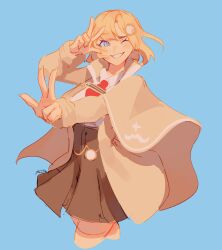 Rule 34 | 1girl, absurdres, blonde hair, blue background, blue eyes, brown jacket, brown skirt, collared shirt, commentary, cropped legs, english commentary, grin, hair between eyes, highres, hololive, hololive english, jacket, long sleeves, mararu, one eye closed, open clothes, open jacket, outstretched arm, shirt, signature, simple background, skirt, sleeves past wrists, smile, solo, virtual youtuber, watson amelia, white shirt