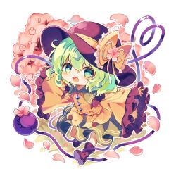 Rule 34 | 1girl, ankle boots, black footwear, black hat, blush, boots, buttons, cherry blossoms, collared shirt, diamond button, frilled shirt collar, frilled sleeves, frills, full body, green eyes, green hair, green skirt, hair between eyes, hat, hat ribbon, heart, heart of string, komeiji koishi, long sleeves, open mouth, outstretched arms, petals, pleated skirt, ribbon, sekisei (superego51), shirt, short hair, simple background, skirt, smile, solo, spread arms, third eye, touhou, white background, wide sleeves, yellow ribbon, yellow shirt