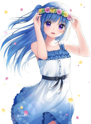 Rule 34 | 1girl, arms up, bad id, bad pixiv id, bare arms, bare shoulders, black bow, blue dress, blue hair, bow, clover, commentary request, commission, dress, floral print, flower, flower wreath, four-leaf clover, frilled dress, frills, gradient dress, head wreath, long hair, looking at viewer, one side up, original, petals, print dress, purple eyes, purple flower, simple background, sleeveless, sleeveless dress, solo, twitter username, very long hair, white background, white dress, yellow flower, yumoran