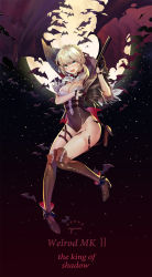 Rule 34 | 1girl, alternate costume, bat (animal), bat wings, black gloves, blonde hair, blush, bolt action, boots, braid, breasts, brown footwear, character name, cleavage, corset, female focus, french braid, from above, full body, girls&#039; frontline, gloves, green eyes, gun, half gloves, halloween, hand on own chest, handgun, highres, holding, holding gun, holding weapon, integral suppressor, integrally-suppressed firearm, jiji (pixiv10646874), knee boots, long hair, looking at viewer, manual firearm, medium breasts, moon, open mouth, pistol, solo, star (symbol), starry background, suppressor, thighs, weapon, welrod, welrod mk ii, welrod mkii (girls&#039; frontline), wings