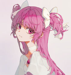 Rule 34 | 1girl, bow, breasts, brooch, choker, chun sam, cleavage, closed mouth, eyebrows hidden by hair, from side, hair ribbon, head tilt, highres, jewelry, kaname madoka, long hair, looking at viewer, looking to the side, mahou shoujo madoka magica, mahou shoujo madoka magica (anime), pink eyes, pink hair, portrait, ribbon, short sleeves, small breasts, smile, solo, two side up, ultimate madoka, upper body, white background, white choker