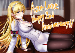 Rule 34 | 1girl, armband, azur lane, bad id, bad pixiv id, black gloves, black pantyhose, blonde hair, blue eyes, breasts, chin gero, choker, cleavage, commentary request, couch, curtains, gloves, hair between eyes, hairband, indoors, large breasts, long hair, looking at viewer, looking to the side, lying, military, military uniform, north carolina (azur lane), pantyhose, pillow, solo, uniform, window