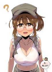 Rule 34 | 1girl, ?, bad id, bad pixiv id, baseball cap, blush, breasts, brown eyes, brown hair, cleavage, english text, fio germi, glasses, hat, large breasts, metal slug, midriff, military, multiple girls, navel, ponytail, round eyewear, see-through, simple background, smile, solo, solo focus, sweat, vest, wet, wet clothes, white background, wootsang