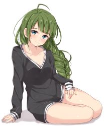 Rule 34 | 10s, 1girl, ahoge, alternate costume, blue eyes, blush, braid, breasts, collarbone, green hair, hand on own thigh, hand on thigh, jiino, kantai collection, long hair, long sleeves, looking at viewer, mole, mole under mouth, simple background, single braid, sitting, smile, solo, white background, yokozuwari, yuugumo (kancolle)