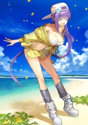 Rule 34 | 1girl, ^ ^, bare shoulders, bb (fate), bb (fate) (all), bb (swimsuit mooncancer) (fate), beach, bikini, bikini top only, blush, boat, braid, breasts, bursting breasts, cleavage, closed eyes, cloud, facing viewer, fate/grand order, fate (series), front-tie top, happy, hat, large breasts, light purple hair, long hair, microskirt, navel, ocean, off shoulder, official art, outdoors, purple eyes, skirt, sky, smile, solo, swimsuit, underboob, very long hair, watercraft, white bikini, yellow skirt