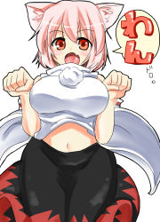 Rule 34 | 1girl, animal ears, breasts, fang, highres, inubashiri momiji, large breasts, looking at viewer, midriff, navel, open mouth, paw pose, pirorun, red eyes, shirt, silver hair, skirt, smile, solo, touhou, wide sleeves, wolf ears