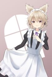 Rule 34 | 1girl, alternate costume, apron, black dress, brown eyes, closed mouth, dress, earmuffs, enmaided, frilled apron, frills, hair between eyes, highres, light brown hair, long sleeves, maid, maid apron, maid headdress, momitoekk, pointy hair, short hair, smile, solo, touhou, toyosatomimi no miko, white apron