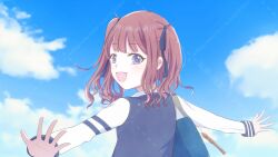 Rule 34 | 1girl, backpack, bag, blush, brown hair, commentary request, grey eyes, happy, highres, looking at viewer, natsuki karin, open mouth, outdoors, sherryxpix, sky, solo, synthesizer v, tagme, twintails, watermark