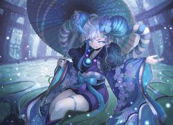Rule 34 | 1girl, ahoge, beads, blue eyes, blue hair, blue kimono, blue ribbon, blue theme, commentary request, crying, double bun, fisheye, flower, hair bun, hair ornament, highres, holding, holding umbrella, horns, hydrangea, japanese clothes, kimono, lily pad, long hair, long sleeves, looking at viewer, ohako (ohako1818), oil-paper umbrella, oni, oni horns, open mouth, original, pointy ears, prayer beads, rain, ribbon, single horn, sitting, solo, tagme, tears, thigh strap, umbrella, water, white hair, wide sleeves