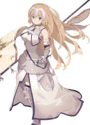 Rule 34 | 1girl, absurdres, armor, armored dress, banner, battle standard, blonde hair, blue eyes, breasts, chain, fate/apocrypha, fate/grand order, fate (series), faulds, flag, fur-trimmed legwear, fur trim, gauntlets, gorget, headpiece, highres, holding, holding flag, jeanne d&#039;arc (fate), jeanne d&#039;arc (ruler) (fate), jeanne d&#039;arc (third ascension) (fate), large breasts, long hair, plackart, same (sendai623), scabbard, sheath, sheathed, simple background, smile, solo, standard bearer, sword, thighhighs, very long hair, war flag, weapon, white background